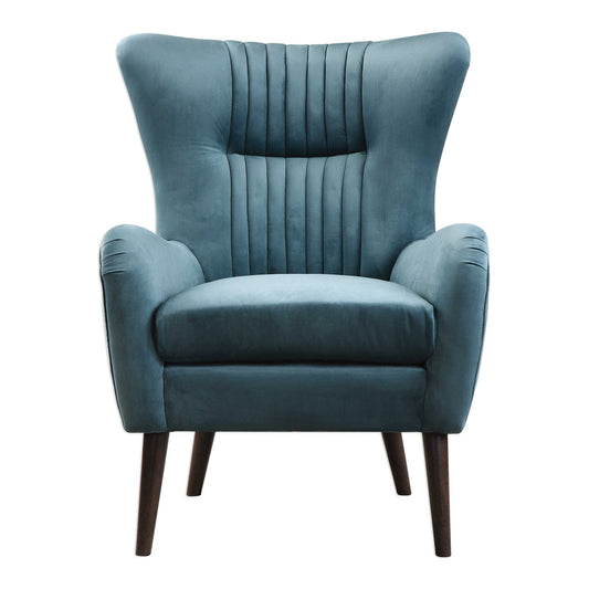 Add A Fresh Jewel Toned Touch To Your Space With This Mid-century Styled Accent Chair Featuring A Flare Black And Channel Tufted Accents. Its On-trend Teal Blue Polyester Velvet Is Finished With A Welt Trim, On Tapered Birch Legs Stained In A Rich Espresso.