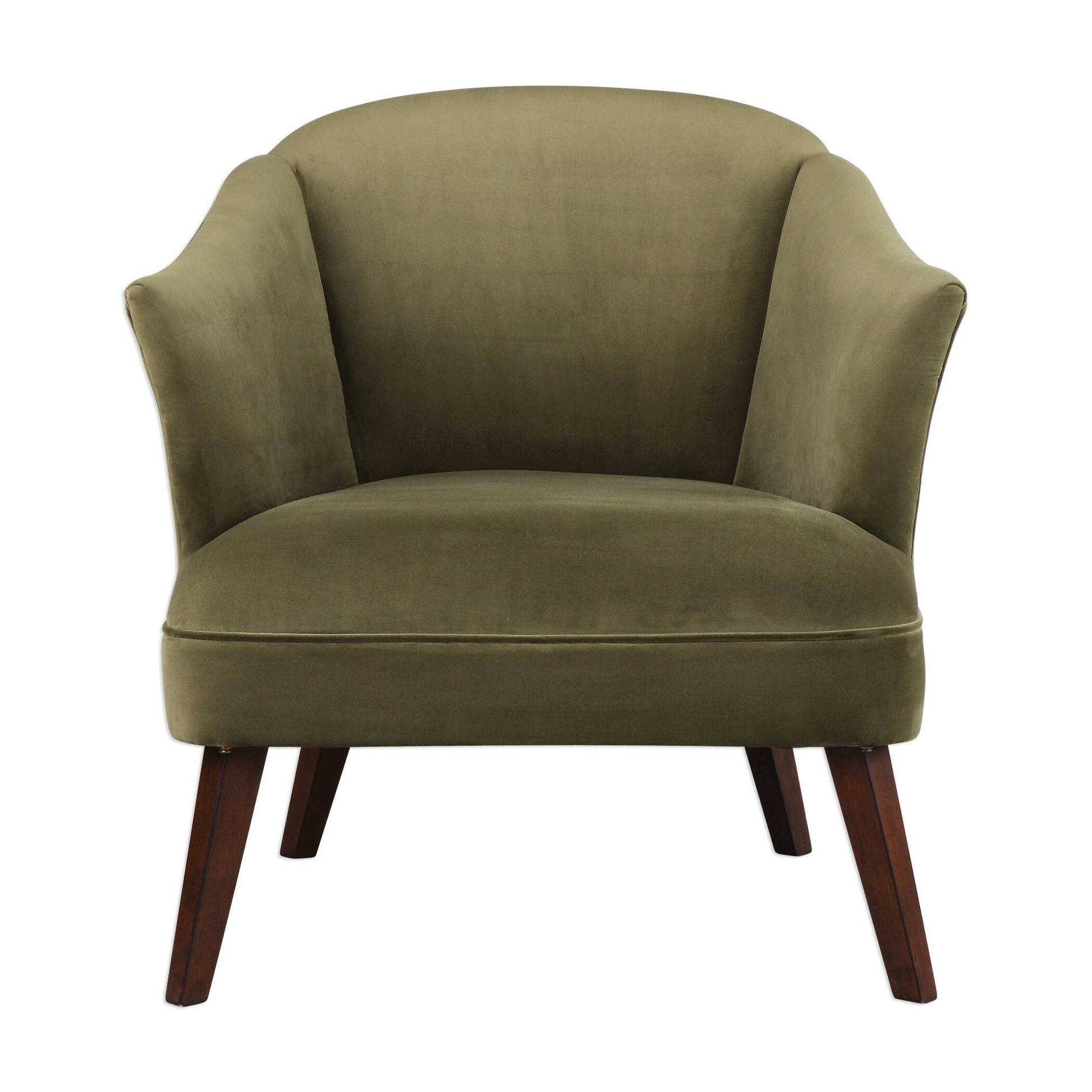 This Barrel Back Style Accent Chair Offers A Cozy Feel, Featuring A Soft Olive Toned Polyester Velvet, Finished With A Welt Trim And Tapered Birch Legs In Dark Walnut.