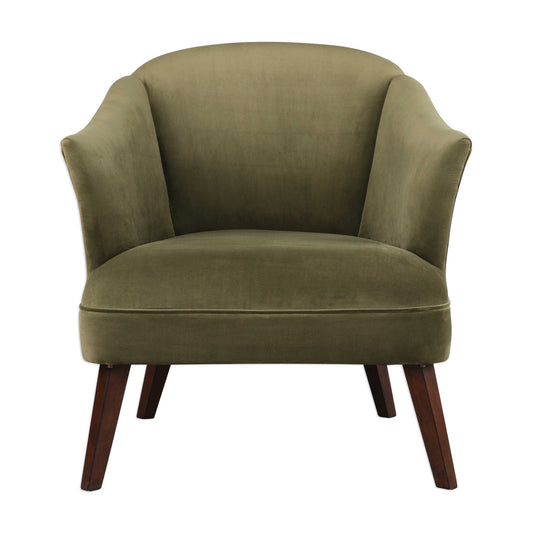 This Barrel Back Style Accent Chair Offers A Cozy Feel, Featuring A Soft Olive Toned Polyester Velvet, Finished With A Welt Trim And Tapered Birch Legs In Dark Walnut.