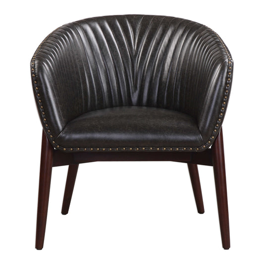 This High Style Design Features A Modernized Take On Scandinavian Style With "V" Shaped Channel-stitched Faux Leather, Distressed In A Casual Onyx With Contrasting Antiqued Brass Nail Head Trim. The Seat Rests In A Solid Oak Wood Frame Finished In A Smooth Walnut Stain.