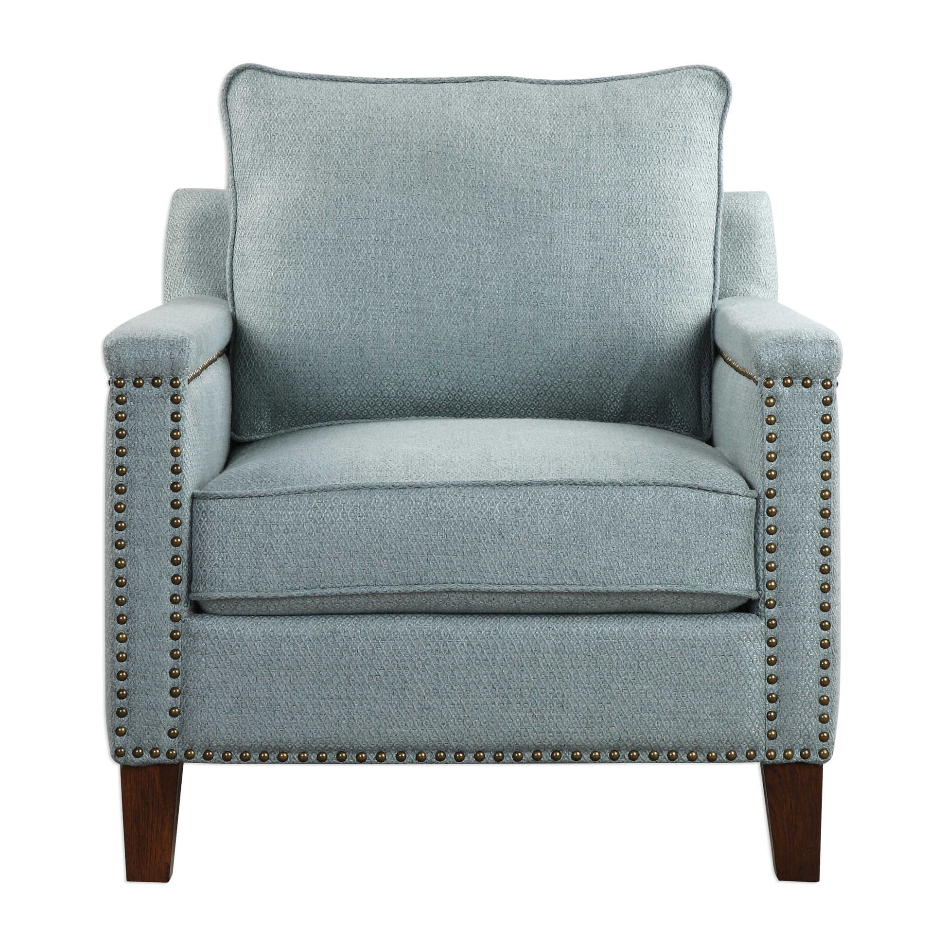 Supportive Comfort In A Transitional Club Chair, With A Subtle Woven Argyle Pattern In Light Sea Mist, Accented With Antique Brass Nail Head Trim On Solid Oak Legs Finished In Dark Walnut.