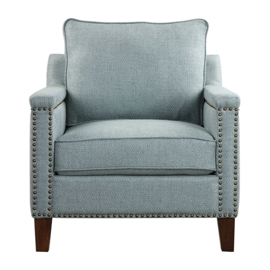 Supportive Comfort In A Transitional Club Chair, With A Subtle Woven Argyle Pattern In Light Sea Mist, Accented With Antique Brass Nail Head Trim On Solid Oak Legs Finished In Dark Walnut.