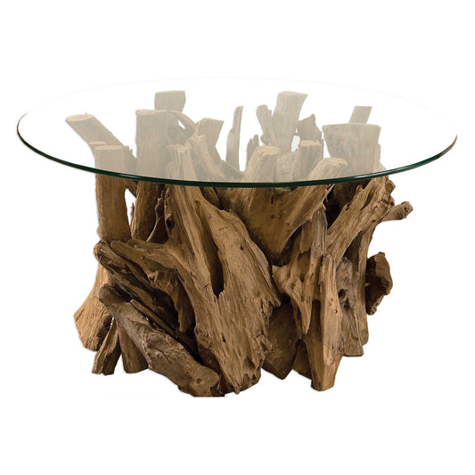 Crafted From Pieced Teak Wood In Its Natural Finish, Paired With A Clear Glass Top. Due To The Nature Of These Materials Each Piece Will Vary Slightly.