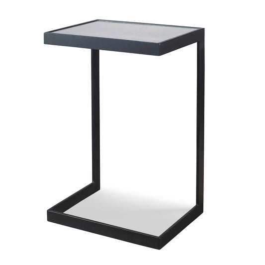 A Simplistic Cantilever Design With Classic Style, Features Thick Aged Black Iron With An Open Framed Base, And A Mirrored Top With Linear Antiquing And Distressed Edges.