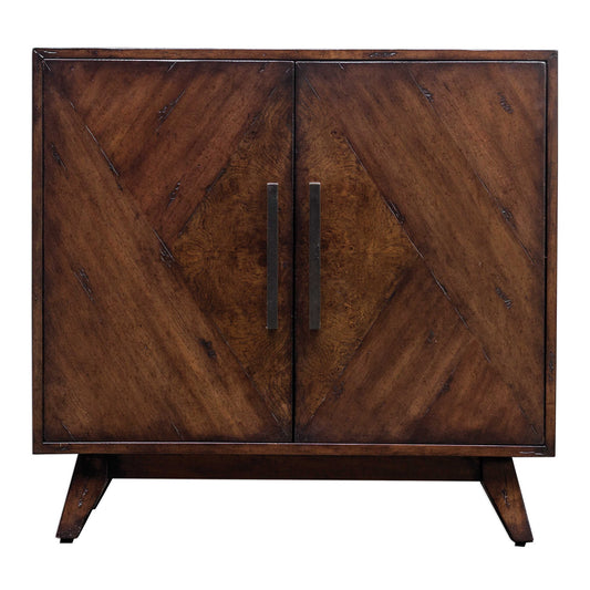 Mid-century Inspired Styling, With Geometrically Pieced Mango Veneer Doors Accented With An Ash Burl Veneer Center Finished In A Deep Mahogany Stain With Natural Distress Marks And Burnishing, Complete With Antique Brass Finished Bar Handles. Includes One Adjustable Interior Shelf.