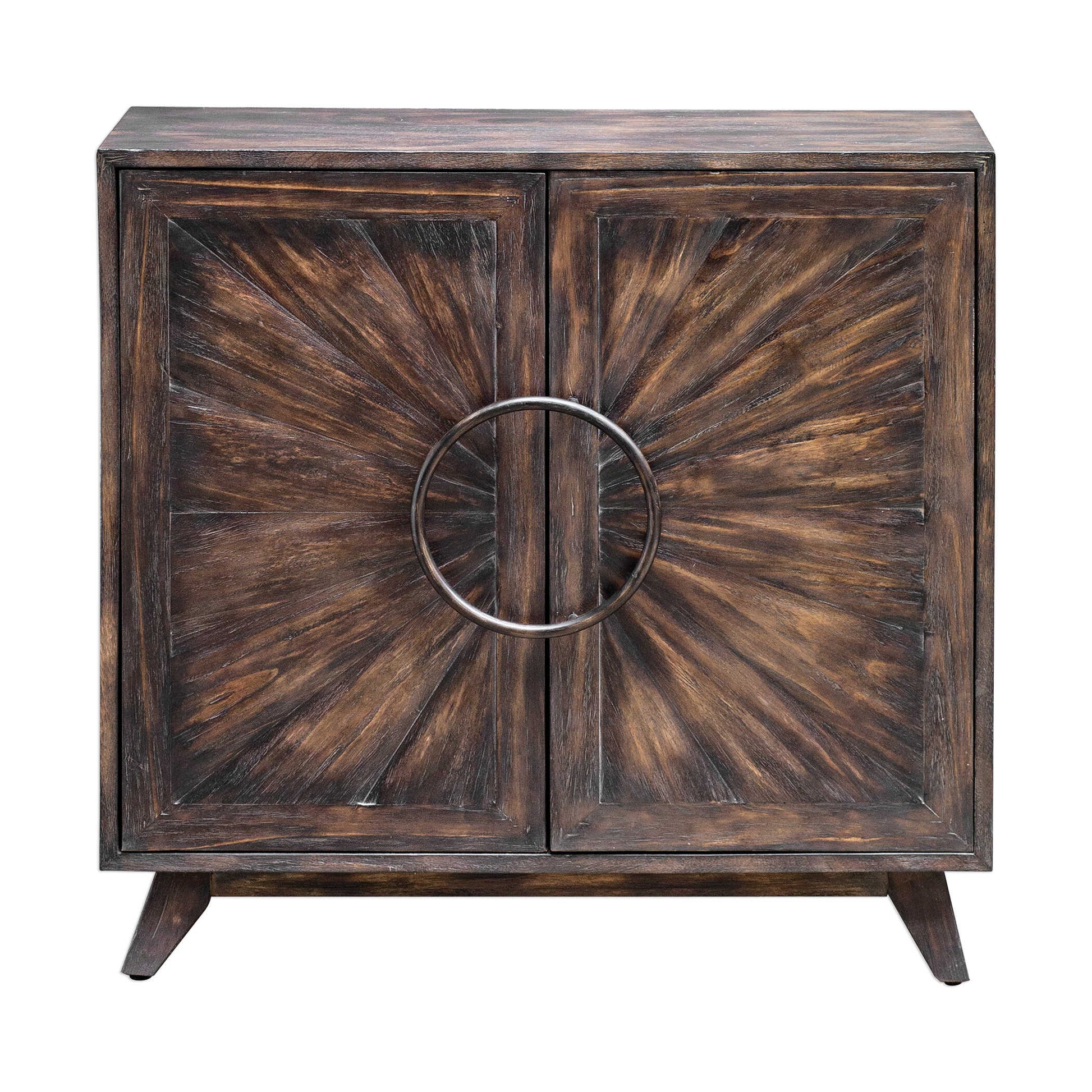 Featuring A Glowing Hand Rubbed Finish Of Worn Black With Honey Undertones And Gray Glazing Over Mango Veneer, This Two Door Cabinet Is Accented With Curved Sunburst Inlay Doors. Iron Ring Hardware In Dark Bronze Reveals Four Adjustable Shelves.