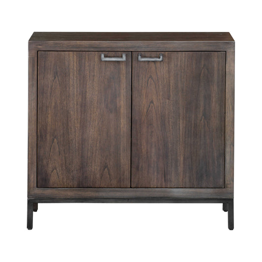 Soft Contemporary Styling, Featuring A Paris Silver Finish, A Subtle Metallic Silver Over A Light Walnut Stain, Set Atop A Simplistic Iron Base Finished In Aged Steel With Coordinating Door Pulls. Has Two Adjustable Shelves.