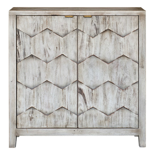 Expert Craftsmanship Is Displayed In The Three Dimensional Honeycomb Striped Doors In Smoked Ivory Finished Mahogany Wood With Antique Bronze Iron Handles. Includes One Adjustable Interior Shelf.