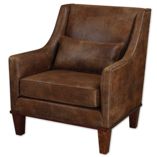 Velvety Soft Fabric That Captures The Look Of Natural Tanned Leather. Antiqued Brass Nail Head Details, And Weathered Hickory-stained Legs And Base. Pillow Included.