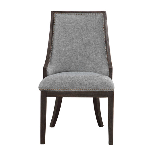 Curved Back Design In A Woven Light Denim, Accented By Antique Brass Nail Head Trim. Wire Brushed Birch Frame Is Finished In An Ebony Stain.
