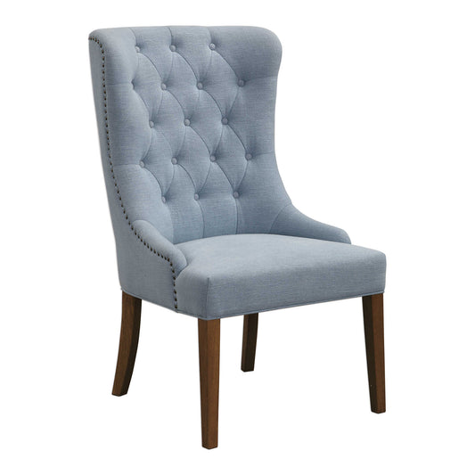 Exaggerated Scale Makes An Impressive Design Statement In The Button Tufted Slubbed Cotton Blend In A Light Slate Blue. Accented By Antique Bronze Nail Head Trim, Along With A Metallic Antique Bronze Back Ring Pull, On Solid Oak Tapered Legs Finished In Weathered Pecan.