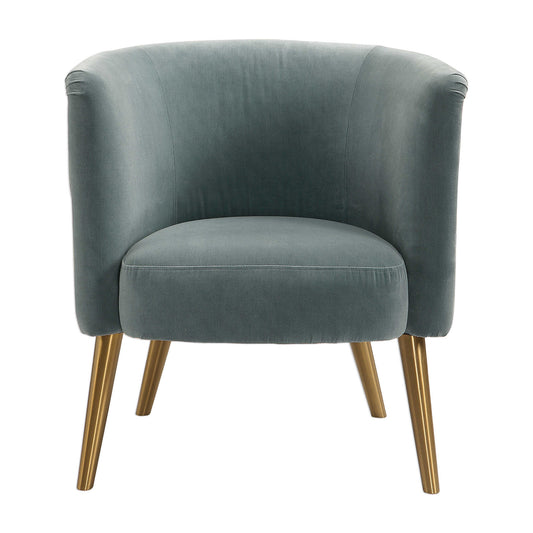 This Stylish Barrel Chair Features A Plush Diamond Button Tufted Surround In A Luxurious Slate Blue Velvet Lined With Antique Brass Nail Head Trim, On Metal Tapered Dowel Legs Finished In Brushed Brass.