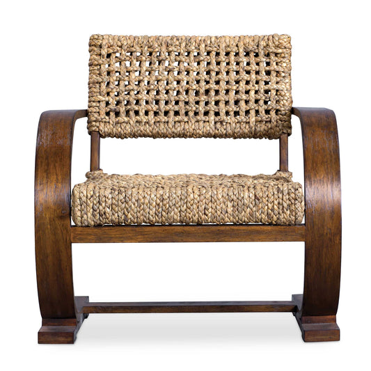 A Modern Bohemian Accent, Featuring A Natural Woven Water Hyacinth Seat On A Curved Solid Wood Frame Giving Flexible Movement, Layered In A Teak Veneer With A Smooth Weathered Pecan Stain.