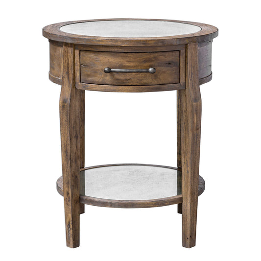 A Rustic Casual And Versatile Look, Constructed From Select Hardwoods With A Mango Veneer, Finished In A Weathered Pecan With A Gray Wash. Inset With Antique Mirrors On The Top And Gallery Shelf And Accented With An Industrial Bar Pull In Lightly Burnished Iron.
