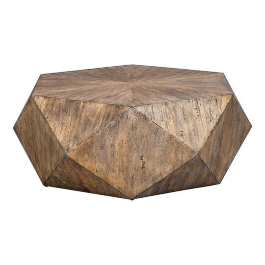 This Unique Geometric Coffee Table Features A Sunburst Top In Mango Veneer Finished In Burnished Honey With A Subtle Light Gray Glazing.