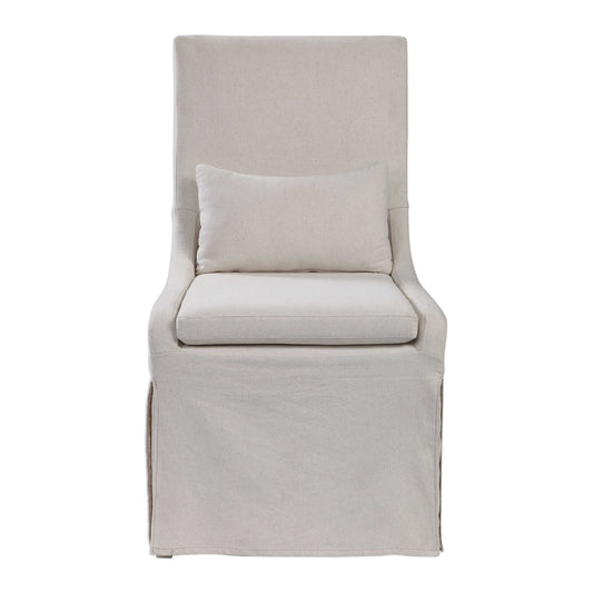 Simplistic In Form, This Casually Sophisticated Armless Chair Features A Tailored Off-white Linen Blend Slipcover With A Plush Cushion Seat And Kidney Pillow For Added Comfort, With Added Performance Treatment To Resist Soiling And Stains.