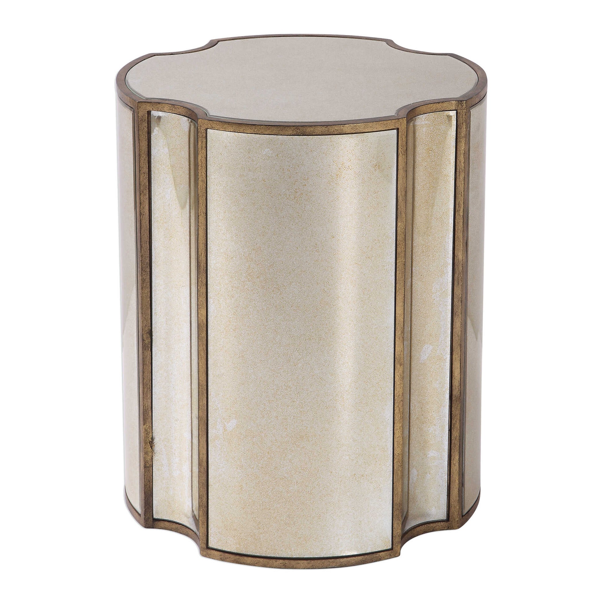 Add Unique Style To A Space With This Quatrefoil Designed Accent Table. Each Facet Features A Curved Antique Mirror Surround, Accented With Antique Brass Finished Framework.