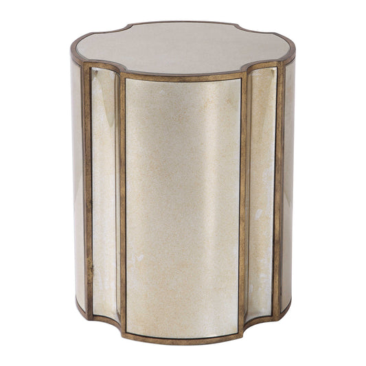 Add Unique Style To A Space With This Quatrefoil Designed Accent Table. Each Facet Features A Curved Antique Mirror Surround, Accented With Antique Brass Finished Framework.
