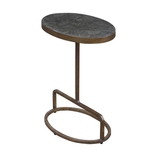 Showcasing A Clean-lined Design, This Accent Table Features An Inset Oval-shaped Polished Bluestone Top With Natural Characteristics Of White Marbling And Veining Throughout, Supported With A Hand Forged Iron Base Finished In Heavily Antiqued Brushed Gold.