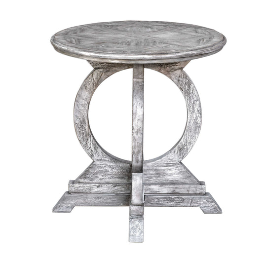 Soft, Aged White Finish On Solid Mango Wood Circle Motif Base, With Rub-through Distressing On The Mindi Veneer Inlay Top.