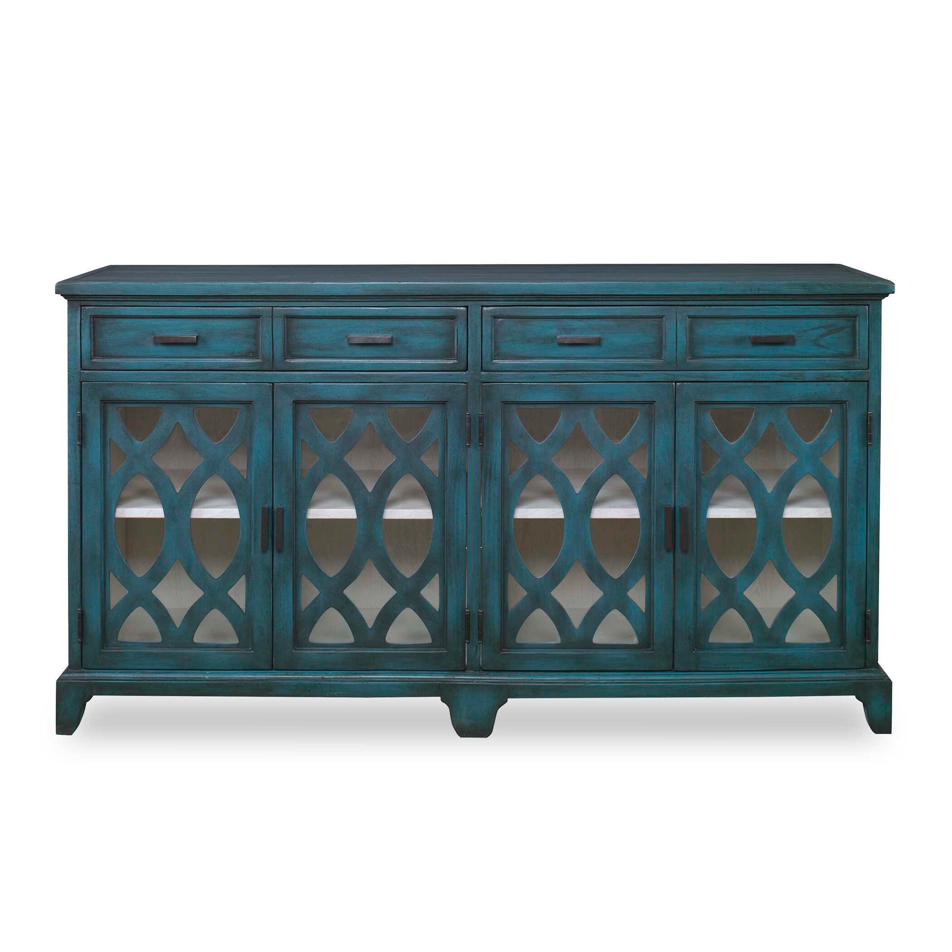 Featuring Solid Wood Construction, This Credenza Showcases Enhanced Cabinet Doors With Intricate Wooden Cutouts Over Glass. Finished In A Lagoon Green With A Contrasting Antique White Finished Interior And Accented With Coffee Bronze Finished Hardware. Open Shelf Styling Allows Versatility As A Sideboard Or Media Console. Interior Shelves Are Adjustable.