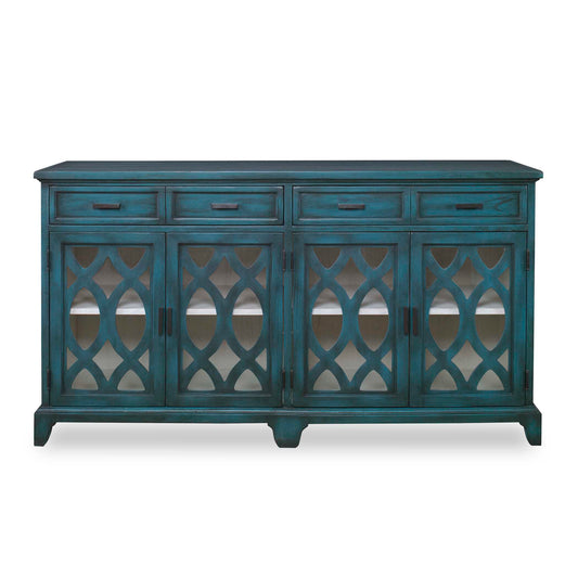 Featuring Solid Wood Construction, This Credenza Showcases Enhanced Cabinet Doors With Intricate Wooden Cutouts Over Glass. Finished In A Lagoon Green With A Contrasting Antique White Finished Interior And Accented With Coffee Bronze Finished Hardware. Open Shelf Styling Allows Versatility As A Sideboard Or Media Console. Interior Shelves Are Adjustable.