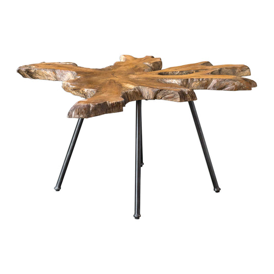 Featuring Solid Wood Construction, This Coffee Table Is Topped With A Deeply Grained Cross Section Of Natural Teak Wood With Light Honey Glazing, Paired With Aged Black Finished Iron Legs. Sizes And Grain Pattern May Vary Due To The Authentic Nature Of The Design.