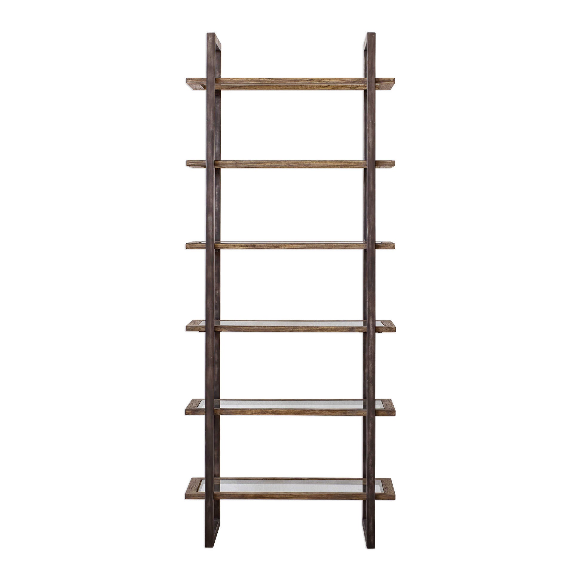 This Forged Iron Framed Etagere, Finished In Aged Steel With Light Distressing Features Six Display Shelves With Driftwood Finished Surrounds, Inset With Clear Glass.