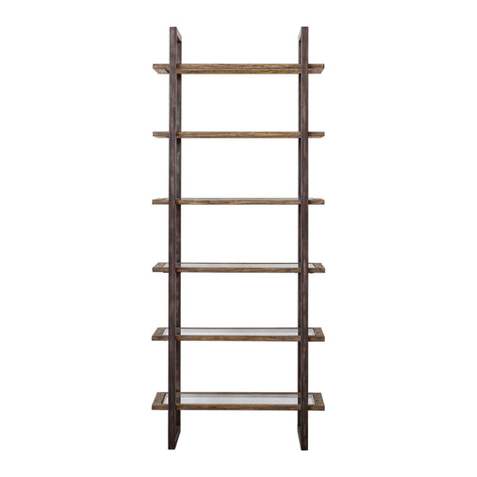 This Forged Iron Framed Etagere, Finished In Aged Steel With Light Distressing Features Six Display Shelves With Driftwood Finished Surrounds, Inset With Clear Glass.
