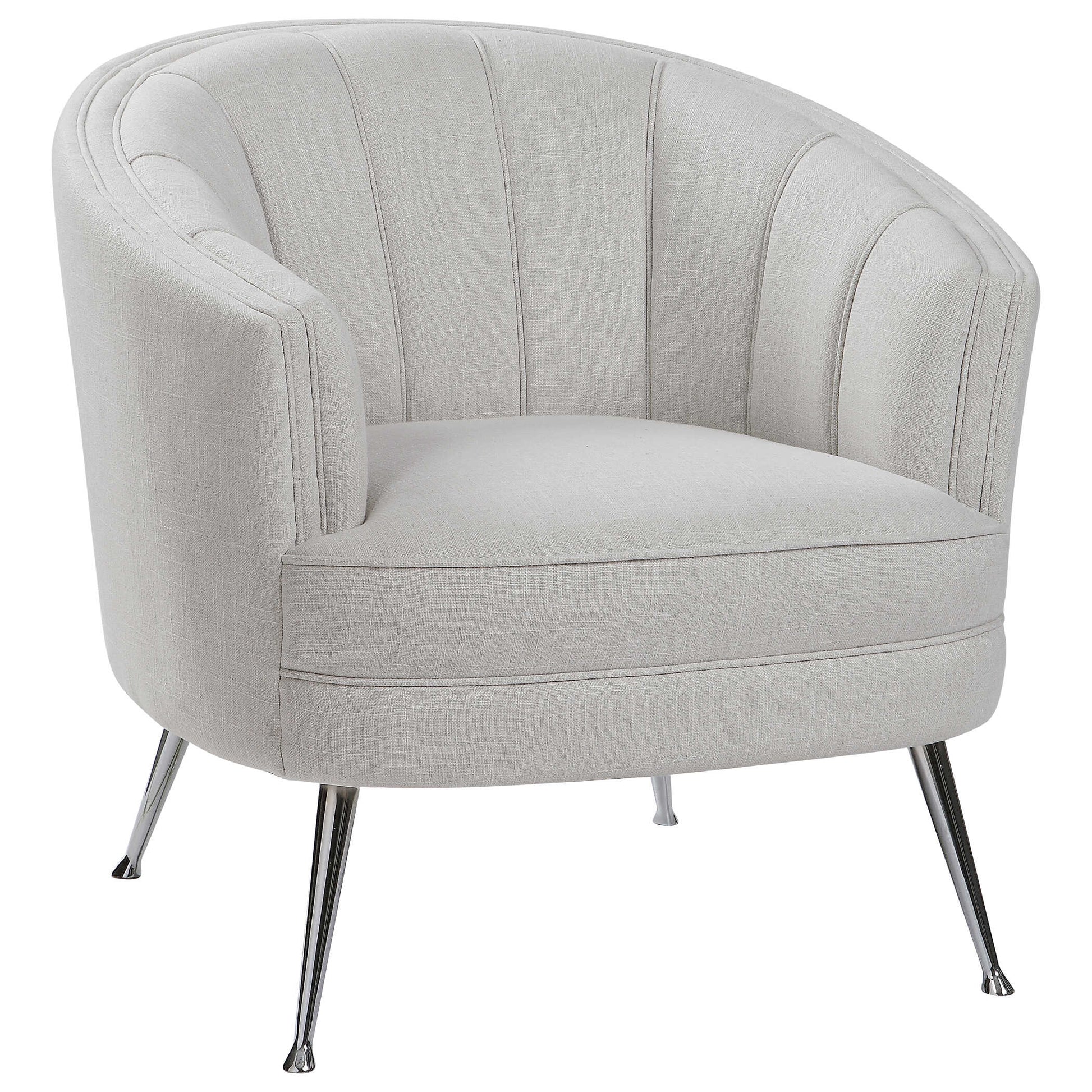 The Perfect Balance Of Retro And Modern Style, This Welt Trimmed Barrel Back Chair Is Covered In A Casual Light Tan Fabric With Channel Tufting And Polished Nickel Tapered Legs.