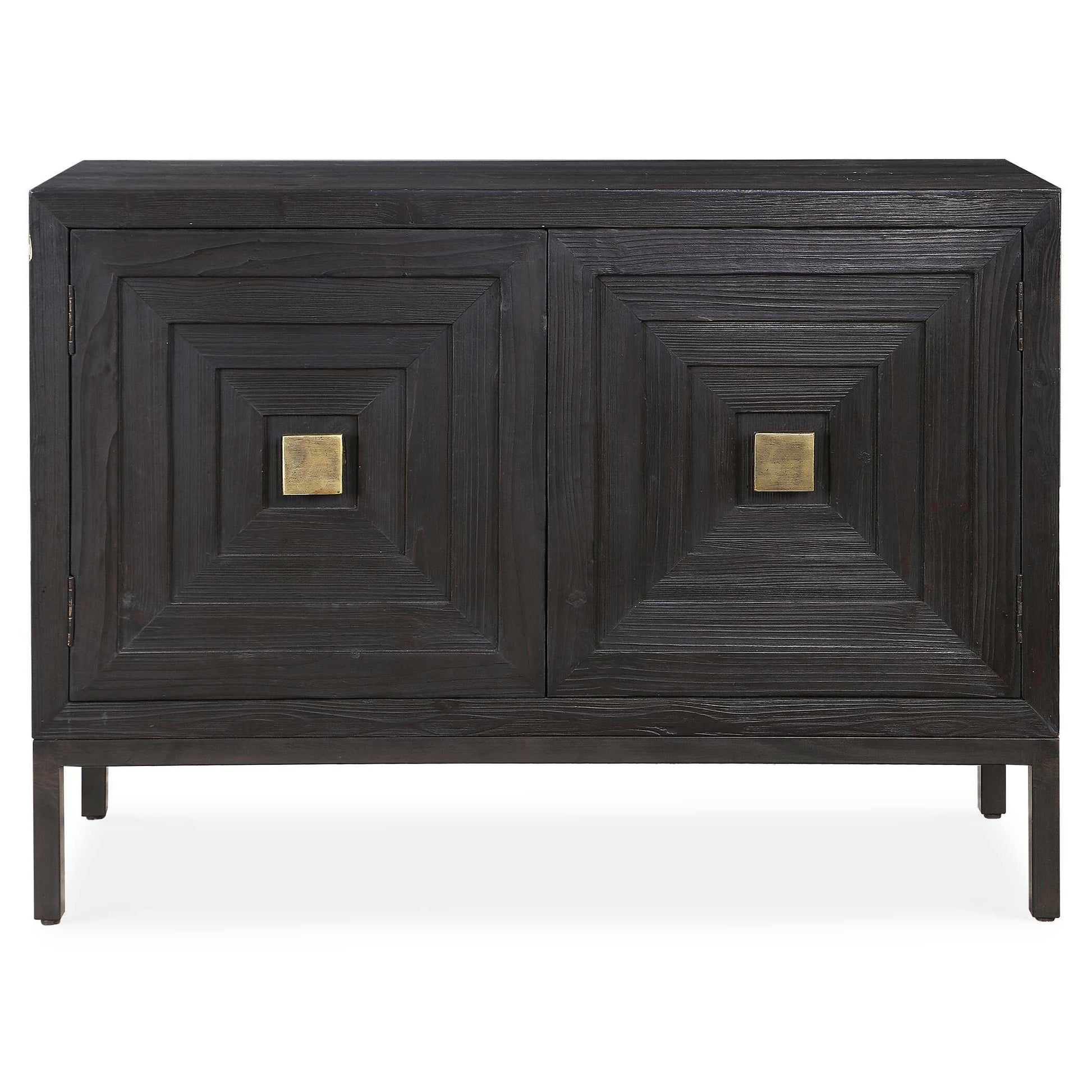 A Contemporary Geometric Two Door Accent Cabinet, Constructed From Deeply Grained Fir Wood Finished In A Dark Ebony Stain, Accented With Brushed Brass Hardware.  Has One Fixed Interior Shelf.