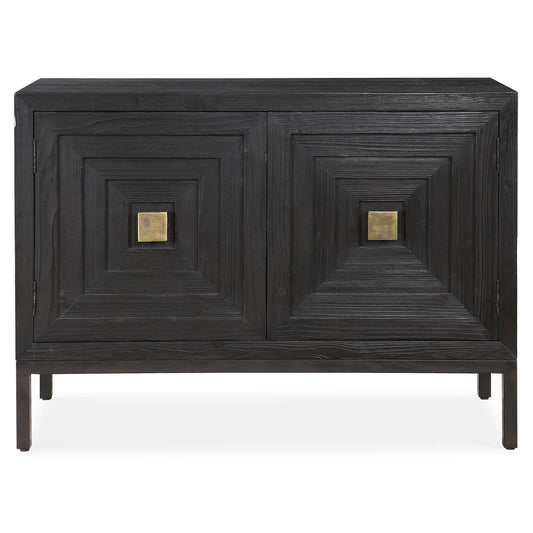 A Contemporary Geometric Two Door Accent Cabinet, Constructed From Deeply Grained Fir Wood Finished In A Dark Ebony Stain, Accented With Brushed Brass Hardware.  Has One Fixed Interior Shelf.