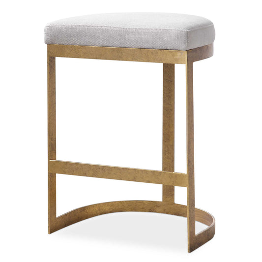 Simplistic But Sturdy, This Statement Counter Stool Features A Thick Hand Forged Iron Base Finished In A Mottled Antique Gold Leaf. Plush Seat Is Tailored In A Beige Linen Blend Fabric With Added Performance Treatment To Resist Soiling And Stains.