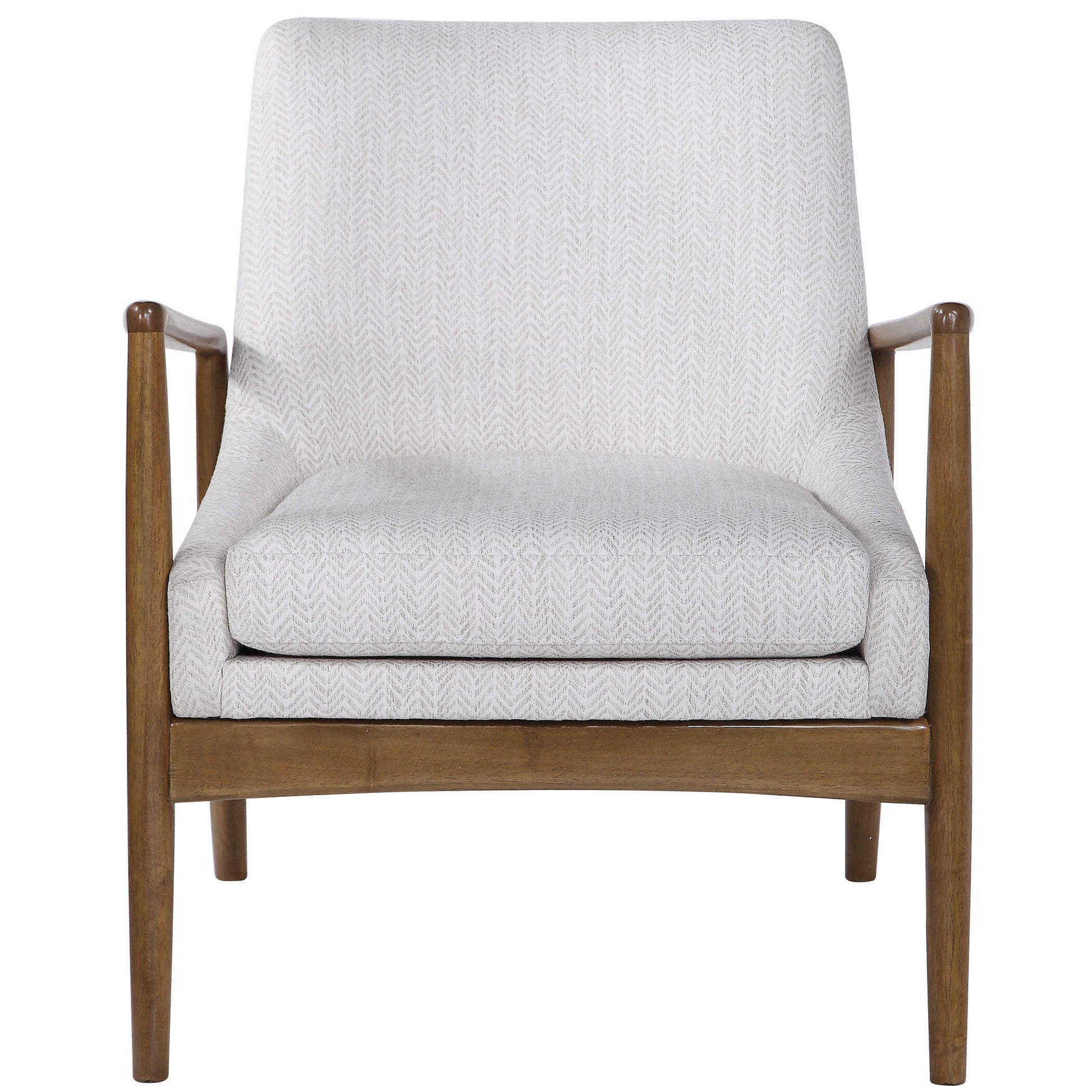 Scandinavian Style Accent Chair Featuring An Exposed Solid Wood Frame Finished In A Honey Stain And Covered In A Subtle, Taupe And White Chevron Polyester Performance Fabric.