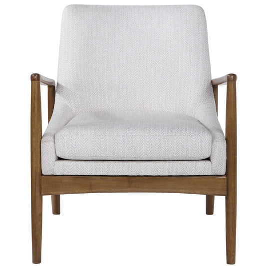 Scandinavian Style Accent Chair Featuring An Exposed Solid Wood Frame Finished In A Honey Stain And Covered In A Subtle, Taupe And White Chevron Polyester Performance Fabric.