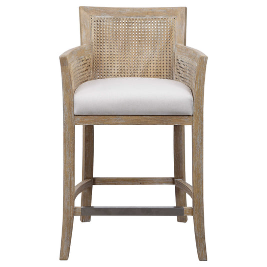 High Supportive Back And Curvy Flair Arms Make A Grand Style Statement In A Lightly Glazed And Bleached Sandstone Exposed Hardwood Finish With Cane Sides, Tailored In A Durable Yet Lush Off-white Fabric With Added Performance Treatment To Resist Soiling And Stains. Polished Nickel Metal Kick Plate.