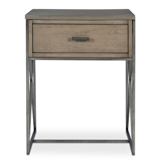 Showcasing A Blend Of Tonal Mixed Media Elements, This Side Table Is Wrapped In A Soft Mushroom Gray Oak Veneer With A Brushed Pewter X Base, And Topped With An Aged Gray Concrete Slab. Has One Storage Drawer With Coordinating Brushed Pewter Bar Hardware.