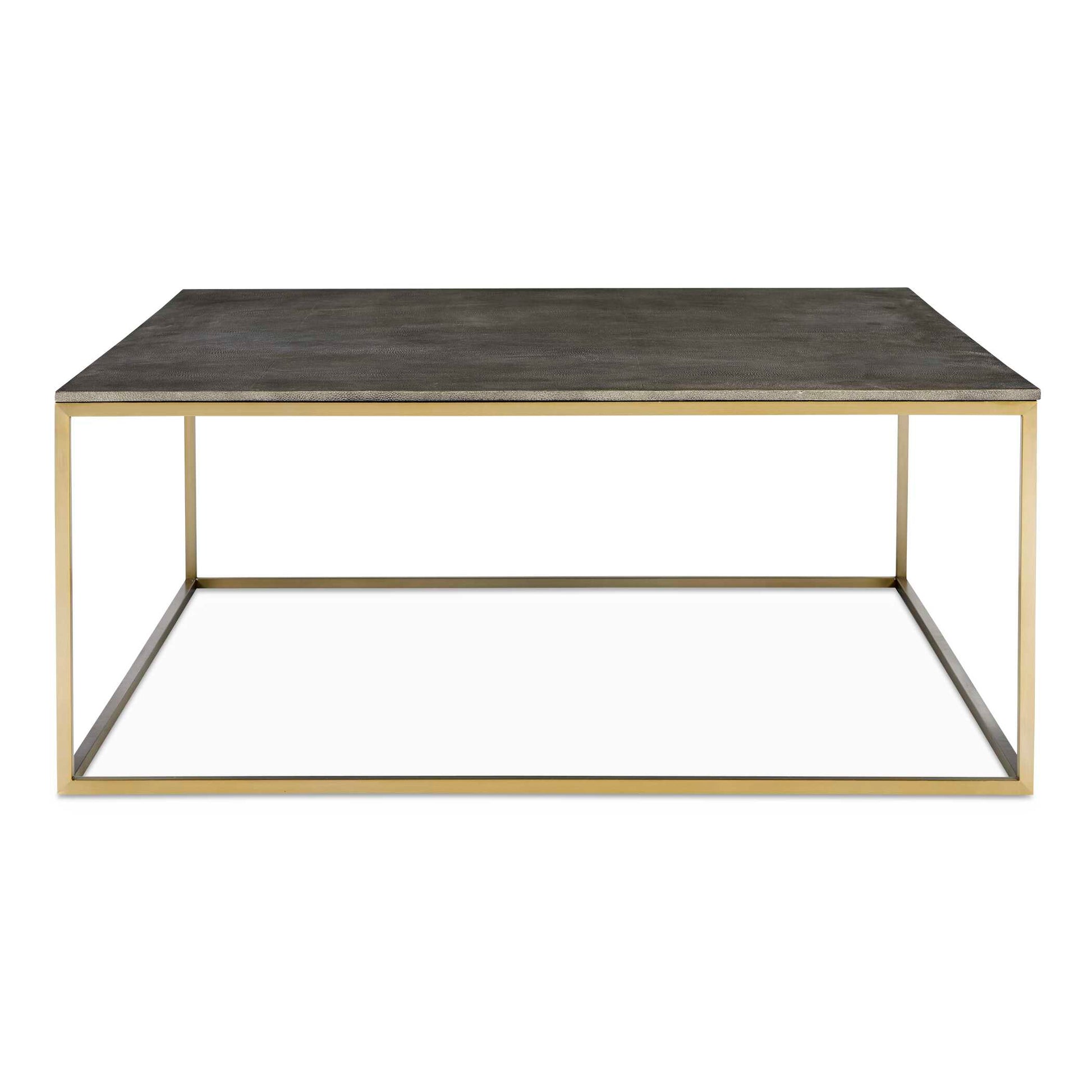 Inspired By Modern Styling, This Coffee Table Features A Beveled Faux Shagreen Wrapped Top In Charcoal Gray Paired With A Sleek Stainless Steel Base Finished In Brushed Brass.