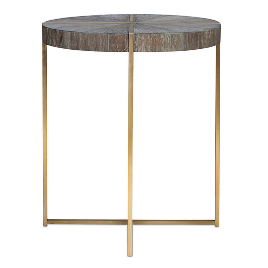 Contemporary In Style, This Accent Table Features A Stainless Steel Framework Finished In A Brushed Brass With A Round Acacia Veneer Top In A Dark Walnut Stain Washed With A Light Gray Glaze.