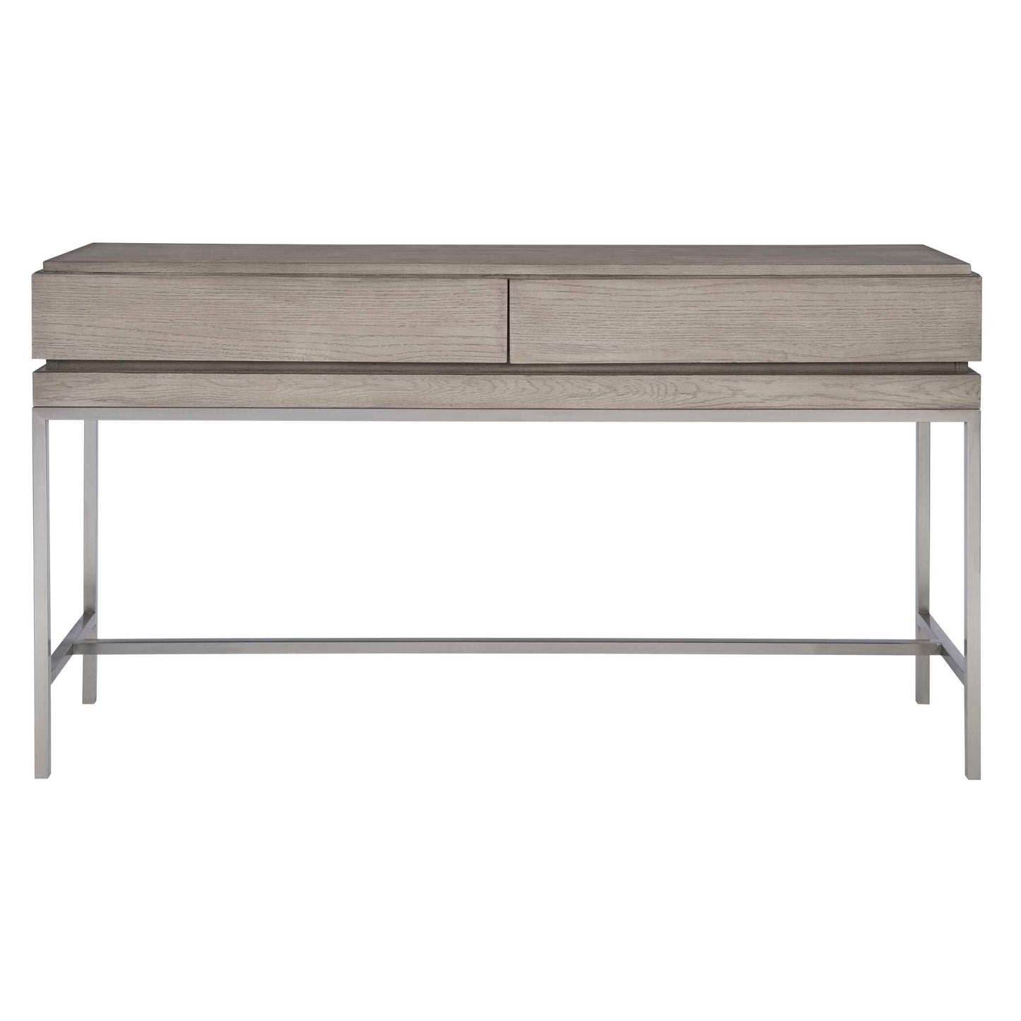 With Modern Simplicity, This Console Table Is Layered In An Oak Veneer And Finished In A Light Mushroom Gray Stain Featuring Two Hidden Storage Drawers. Sits On A Stainless Steel Base Finished In Brushed Nickel.