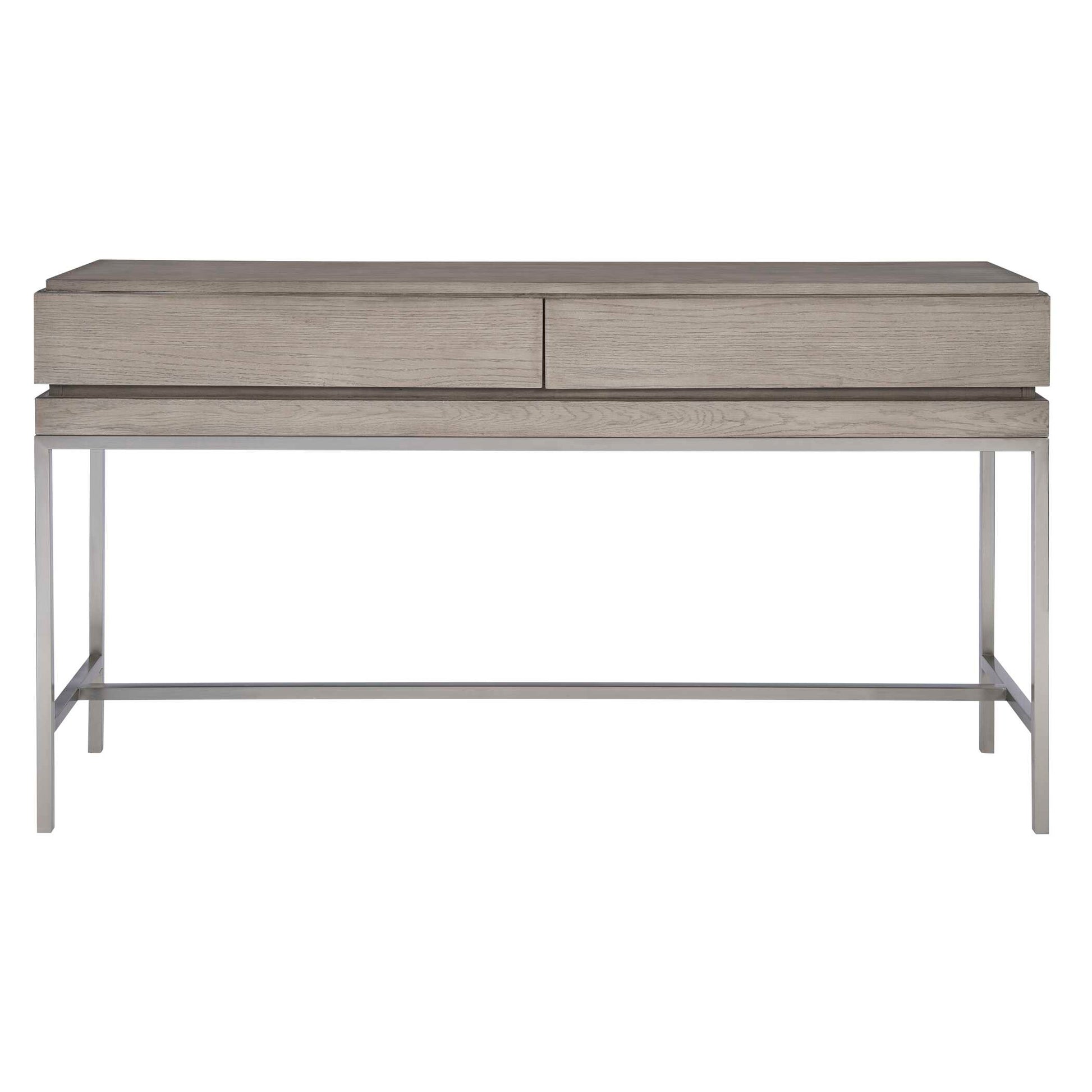 With Modern Simplicity, This Console Table Is Layered In An Oak Veneer And Finished In A Light Mushroom Gray Stain Featuring Two Hidden Storage Drawers. Sits On A Stainless Steel Base Finished In Brushed Nickel.