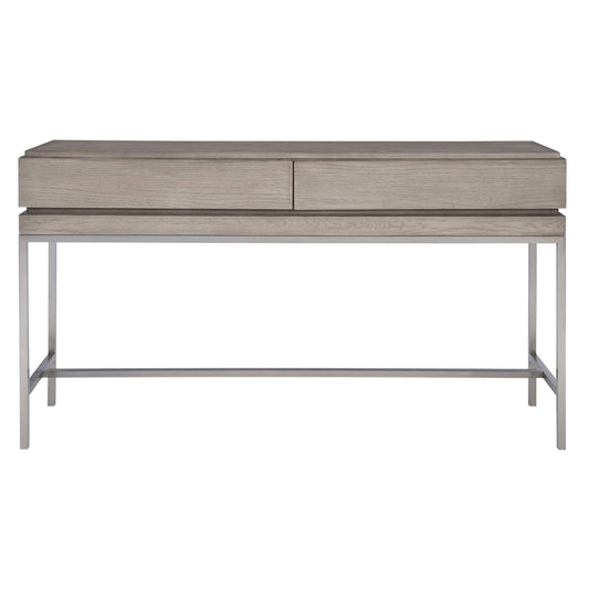 With Modern Simplicity, This Console Table Is Layered In An Oak Veneer And Finished In A Light Mushroom Gray Stain Featuring Two Hidden Storage Drawers. Sits On A Stainless Steel Base Finished In Brushed Nickel.