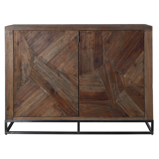 Featuring Abstract Geometric Marquetry Doors In Reclaimed Fir Wood, Sun Faded And Washed In A Walnut Stain, Atop A Forged Iron Base Finished In Aged Gunmetal. Solid Wood Will Continue To Move With Temperature And Humidity Changes, Which Can Result In Cracks And Uneven Surfaces, Adding To Its Authenticity And Character.