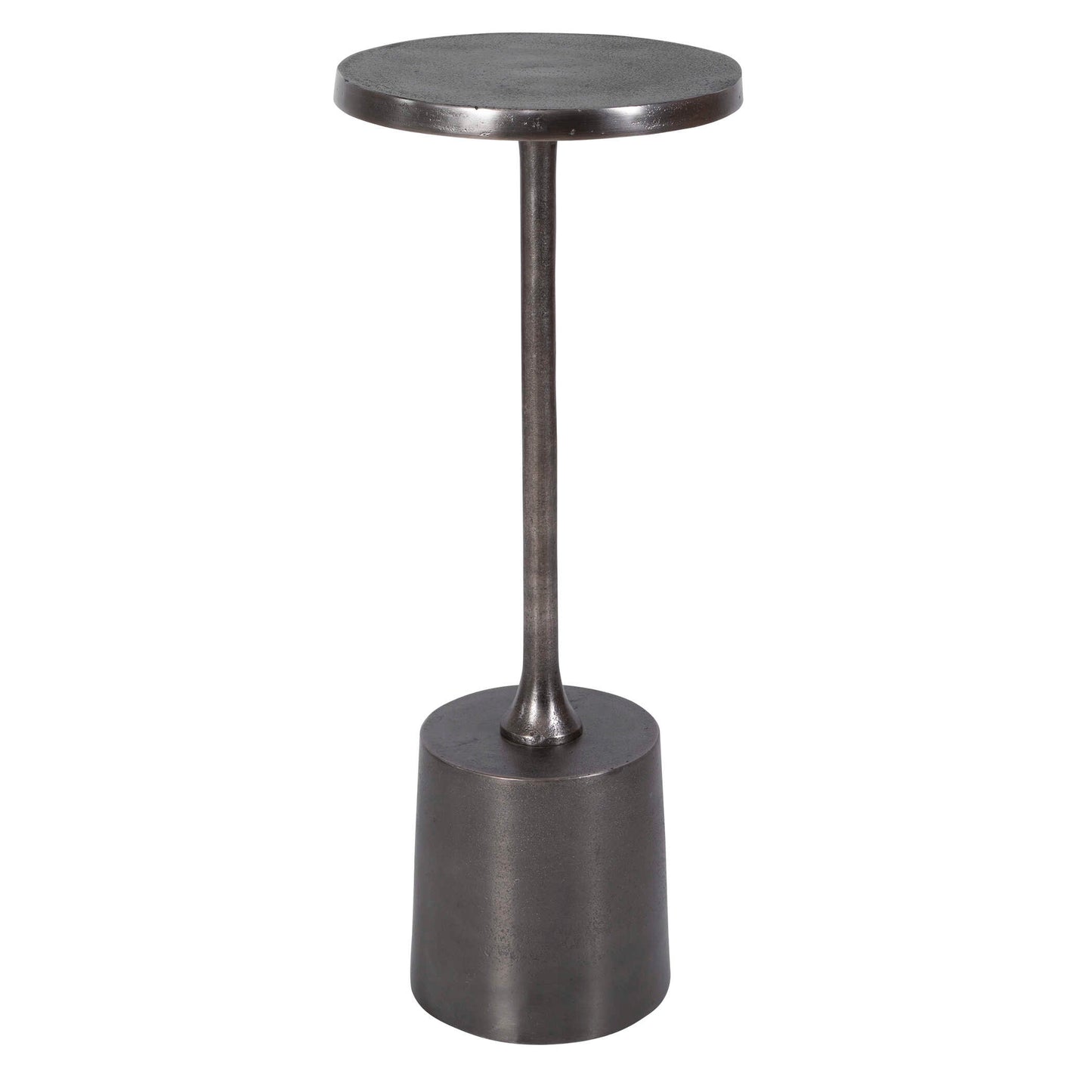 Minimalist In Style With A Chunky Base, This Solid Aluminum Drink Table Features A Textured Finish In Antique Nickel. Suitable For Outdoor Use.