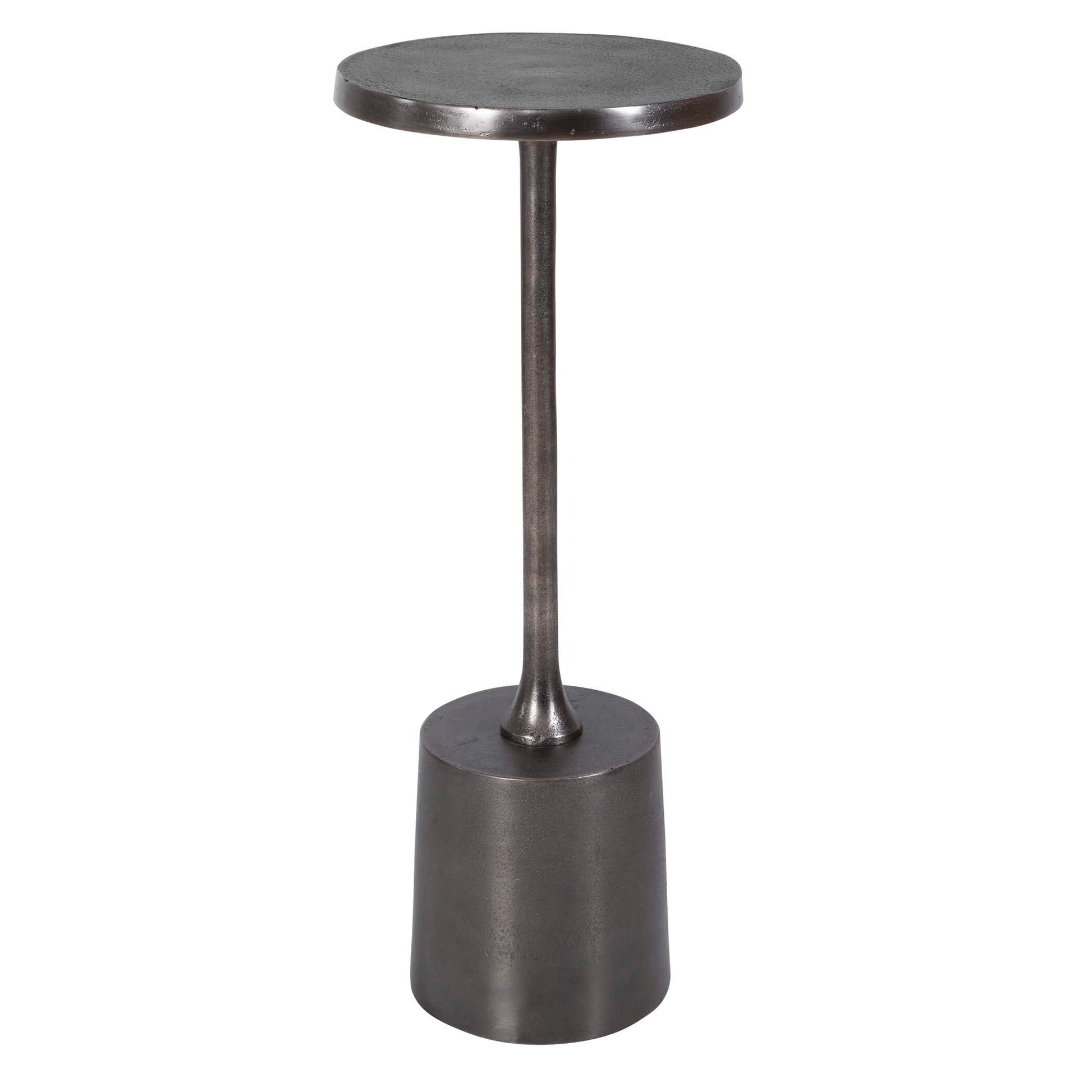 Minimalist In Style With A Chunky Base, This Solid Aluminum Drink Table Features A Textured Finish In Antique Nickel. Suitable For Outdoor Use.