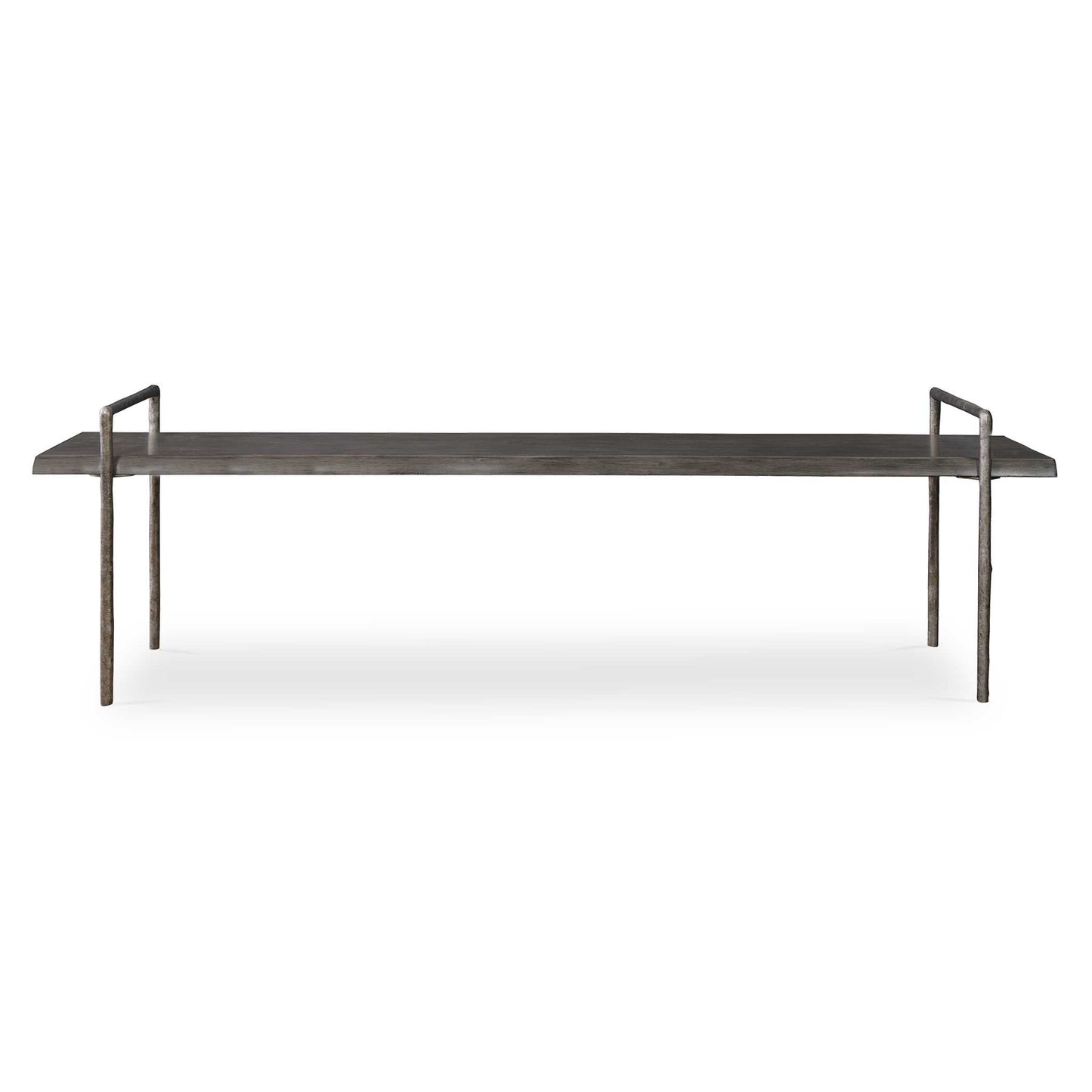 Modern Lodge Styling, Featuring A Solid Acacia Wood Seat With A Live Edge Look Stained In A Dark Gray With An Organically Textured Iron Frame Finished In Tarnished Silver.