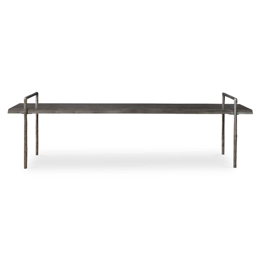 Modern Lodge Styling, Featuring A Solid Acacia Wood Seat With A Live Edge Look Stained In A Dark Gray With An Organically Textured Iron Frame Finished In Tarnished Silver.