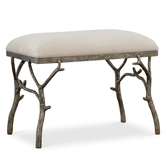 Make A Whimsical Statement With This Molded Branch Accent Bench Featuring A Heavily Textured Antique Silver Finish, Tailored In An Off-white Polyester Fabric.
