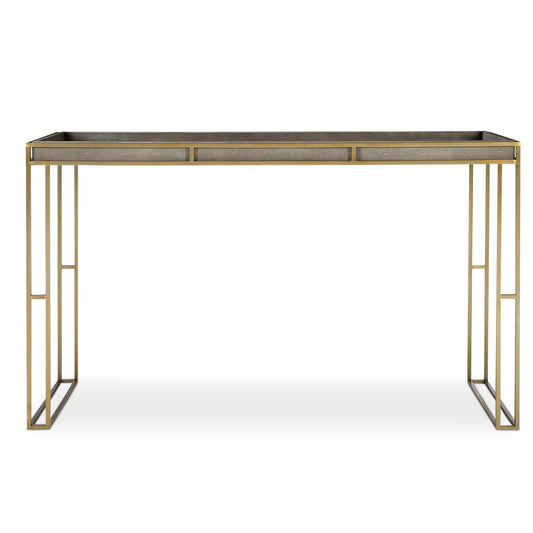 Exhibiting A Modern Minimalist Design, This Tray Style Console Table Features A Rich, Charcoal Gray Faux Shagreen Paired With A Plated Brushed Brass Steel Frame.