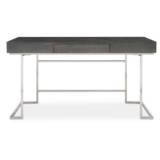 Outfit Your Office With This Clean-lined Contemporary Desk, Featuring An Oak Veneer Top Finished In A Smoke Gray With A Subtle Light Gray Wash, Atop A Stainless Steel Base Finished In A Plated Brushed Nickel. Has A Touch Latch Keyboard Drawer That Flips Down For Optimal Storage.